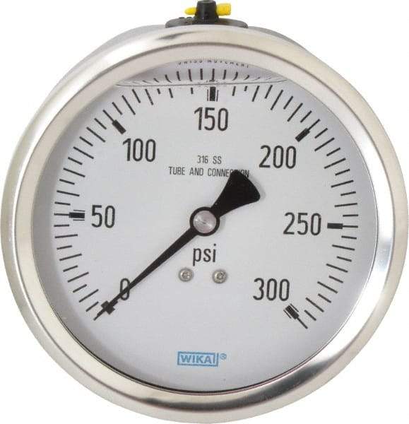 Wika - 4" Dial, 1/2 Thread, 0-300 Scale Range, Pressure Gauge - Lower Back Connection Mount, Accurate to 1% of Scale - Industrial Tool & Supply