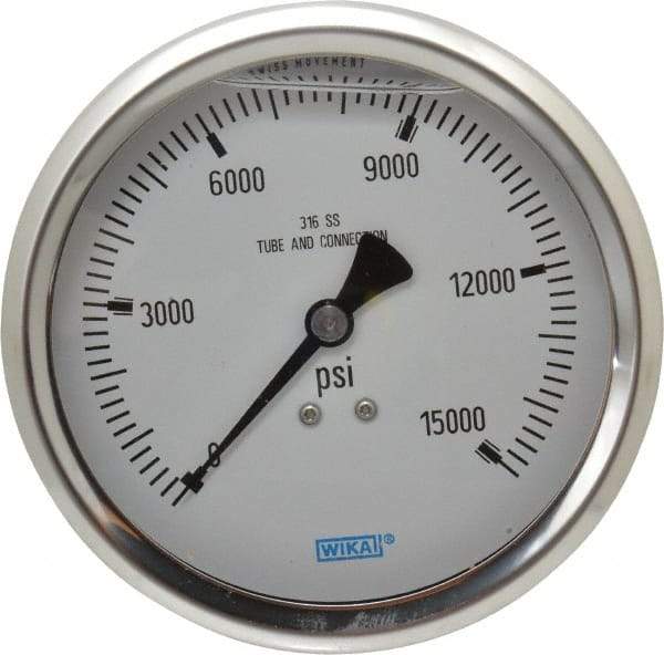 Wika - 4" Dial, 1/2 Thread, 0-15,000 Scale Range, Pressure Gauge - Lower Back Connection Mount, Accurate to 1% of Scale - Industrial Tool & Supply
