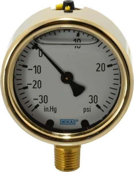 Wika - 2-1/2" Dial, 1/4 Thread, 30-0-30 Scale Range, Pressure Gauge - Lower Connection Mount, Accurate to 1.5% of Scale - Industrial Tool & Supply