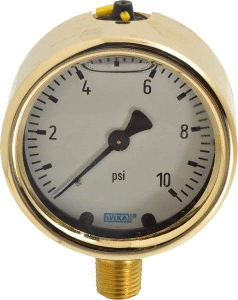 Wika - 2-1/2" Dial, 1/4 Thread, 0-10 Scale Range, Pressure Gauge - Lower Connection Mount, Accurate to 1.5% of Scale - Industrial Tool & Supply