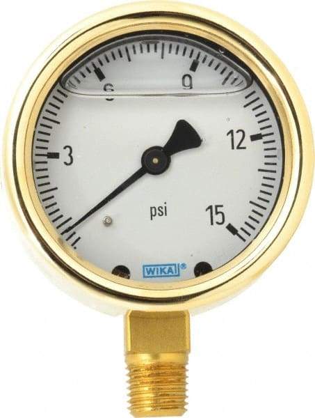 Wika - 2-1/2" Dial, 1/4 Thread, 0-15 Scale Range, Pressure Gauge - Lower Connection Mount, Accurate to 1.5% of Scale - Industrial Tool & Supply