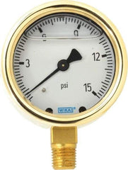 Wika - 2-1/2" Dial, 1/4 Thread, 0-15 Scale Range, Pressure Gauge - Lower Connection Mount, Accurate to 1.5% of Scale - Industrial Tool & Supply