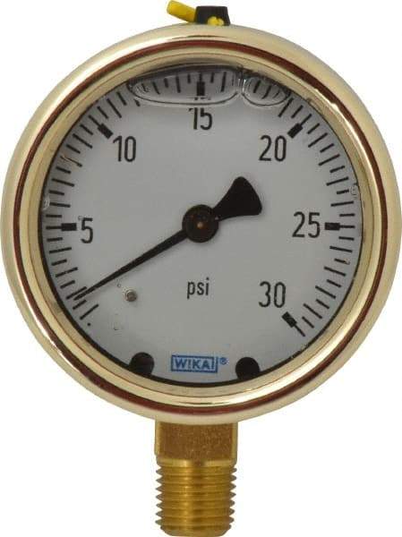 Wika - 2-1/2" Dial, 1/4 Thread, 0-30 Scale Range, Pressure Gauge - Lower Connection Mount, Accurate to 1.5% of Scale - Industrial Tool & Supply