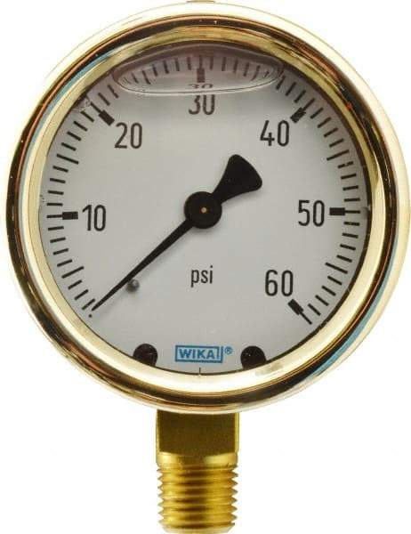 Wika - 2-1/2" Dial, 1/4 Thread, 0-60 Scale Range, Pressure Gauge - Lower Connection Mount, Accurate to 1.5% of Scale - Industrial Tool & Supply