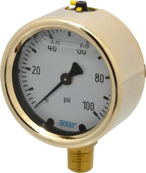 Wika - 2-1/2" Dial, 1/4 Thread, 0-100 Scale Range, Pressure Gauge - Lower Connection Mount, Accurate to 1.5% of Scale - Industrial Tool & Supply