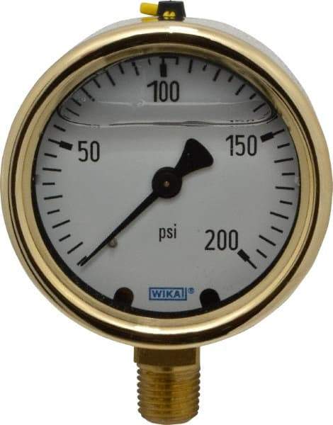 Wika - 2-1/2" Dial, 1/4 Thread, 0-200 Scale Range, Pressure Gauge - Lower Connection Mount, Accurate to 1.5% of Scale - Industrial Tool & Supply