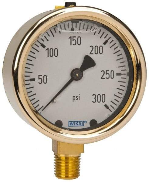 Wika - 2-1/2" Dial, 1/4 Thread, 0-300 Scale Range, Pressure Gauge - Lower Connection Mount, Accurate to 1.5% of Scale - Industrial Tool & Supply