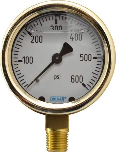 Wika - 2-1/2" Dial, 1/4 Thread, 0-600 Scale Range, Pressure Gauge - Lower Connection Mount, Accurate to 1.5% of Scale - Industrial Tool & Supply