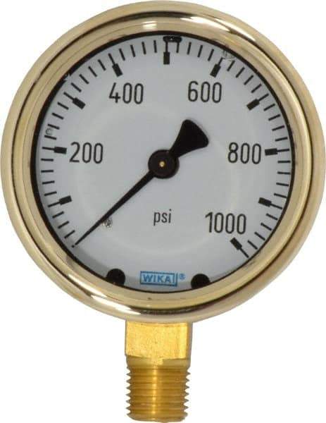 Wika - 2-1/2" Dial, 1/4 Thread, 0-1,000 Scale Range, Pressure Gauge - Lower Connection Mount, Accurate to 1.5% of Scale - Industrial Tool & Supply