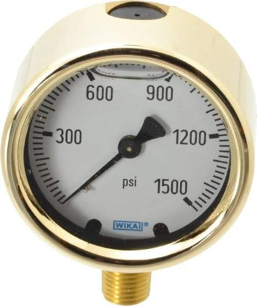 Wika - 2-1/2" Dial, 1/4 Thread, 0-1,500 Scale Range, Pressure Gauge - Lower Connection Mount, Accurate to 1.5% of Scale - Industrial Tool & Supply