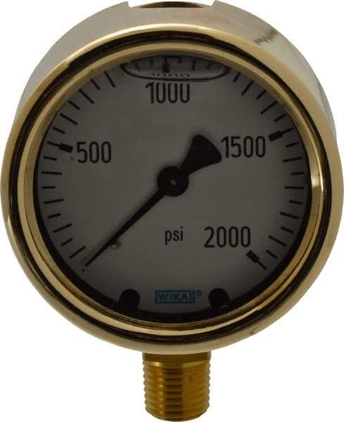 Wika - 2-1/2" Dial, 1/4 Thread, 0-2,000 Scale Range, Pressure Gauge - Lower Connection Mount, Accurate to 1.5% of Scale - Industrial Tool & Supply