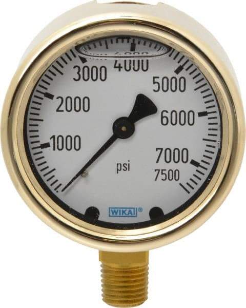 Wika - 2-1/2" Dial, 1/4 Thread, 0-7,500 Scale Range, Pressure Gauge - Lower Connection Mount, Accurate to 1.5% of Scale - Industrial Tool & Supply