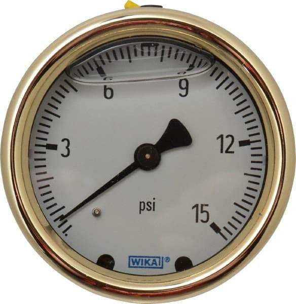 Wika - 2-1/2" Dial, 1/4 Thread, 0-15 Scale Range, Pressure Gauge - Back Connection Mount, Accurate to 1.5% of Scale - Industrial Tool & Supply