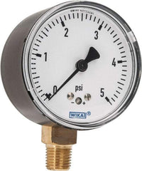 Wika - 2-1/2" Dial, 1/4 Thread, 0-5 Scale Range, Pressure Gauge - Lower Connection Mount, Accurate to 1.5% of Scale - Industrial Tool & Supply