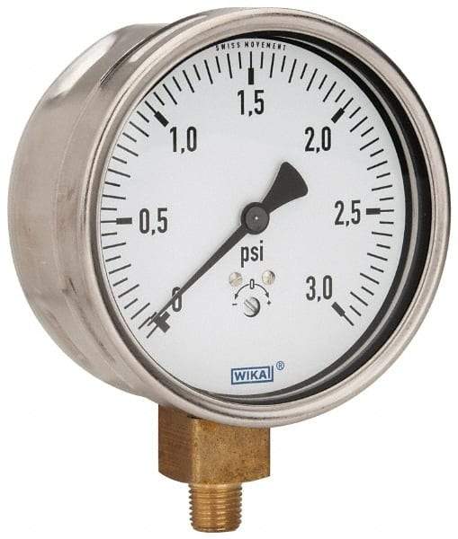 Wika - 4" Dial, 1/4 Thread, 0-3 Scale Range, Pressure Gauge - Lower Connection Mount, Accurate to 1.5% of Scale - Industrial Tool & Supply