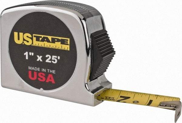 US Tape - 25' x 1" Yellow Blade Tape Measure - 1/32 & 1/16" Graduation, Inch Graduation Style, Silver Case - Industrial Tool & Supply