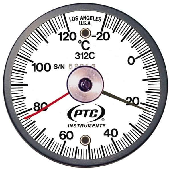 PTC Instruments - -20 to 120°C, 2 Inch Dial Diameter, Dual Magnet Mount Thermometer - 1° Division Graduation - Industrial Tool & Supply