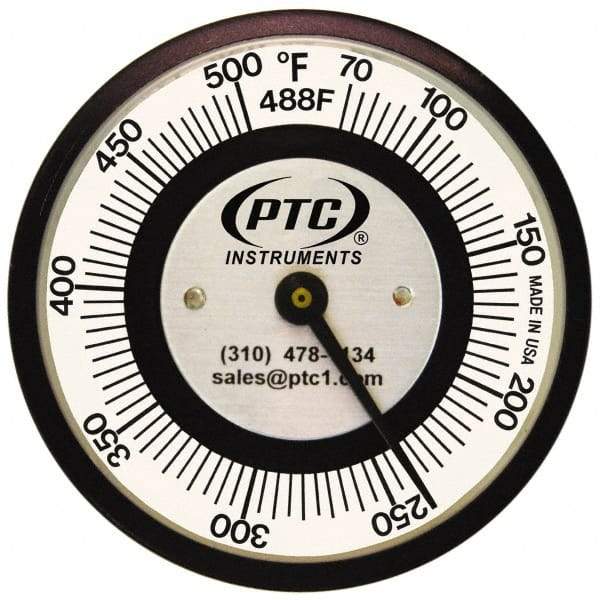 PTC Instruments - 70 to 500°F, 2 Inch Dial Diameter, Pipe Surface Spring Held Thermometer - 5° Division Graduation - Industrial Tool & Supply