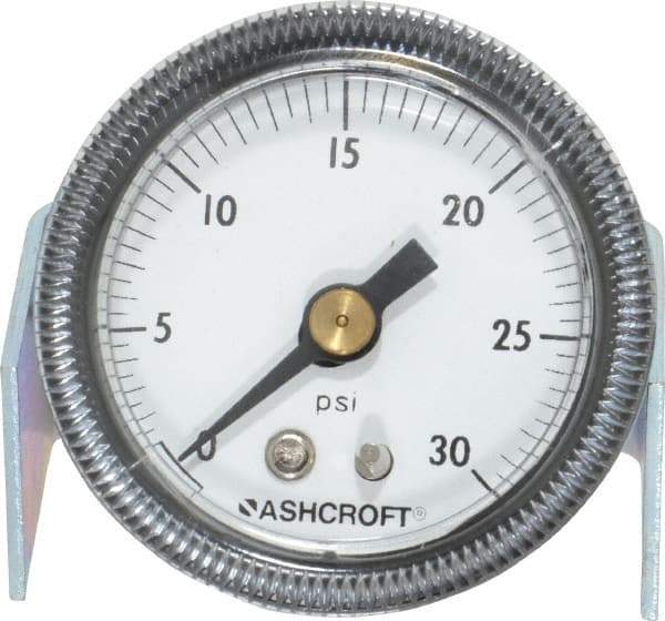 Ashcroft - 1-1/2" Dial, 1/8 Thread, 0-30 Scale Range, Pressure Gauge - Center Back Connection Mount - Industrial Tool & Supply