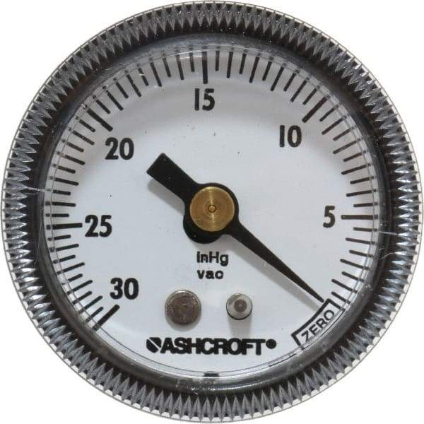 Ashcroft - 1-1/2" Dial, 1/8 Thread, 30-0 Scale Range, Pressure Gauge - Center Back Connection Mount - Industrial Tool & Supply