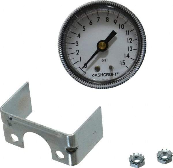 Ashcroft - 2" Dial, 1/4 Thread, 0-15 Scale Range, Pressure Gauge - Center Back Connection Mount - Industrial Tool & Supply