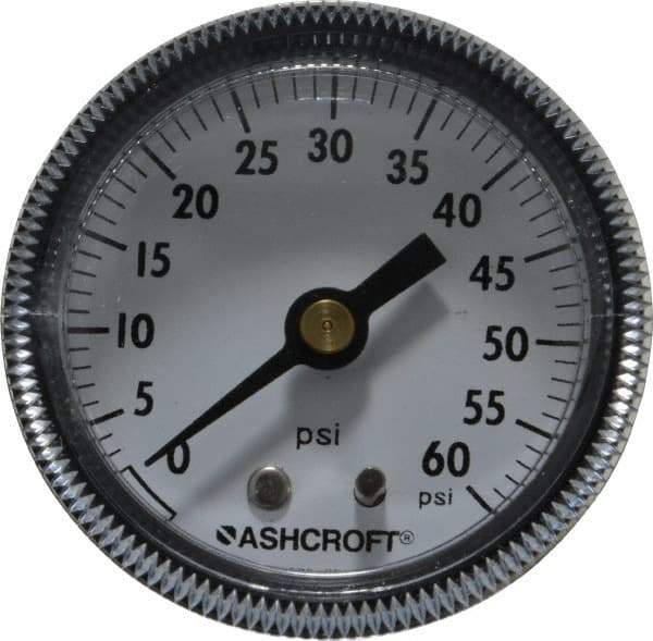 Ashcroft - 2" Dial, 1/4 Thread, 0-60 Scale Range, Pressure Gauge - Center Back Connection Mount - Industrial Tool & Supply