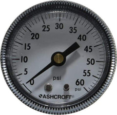Ashcroft - 2" Dial, 1/4 Thread, 0-60 Scale Range, Pressure Gauge - Center Back Connection Mount - Industrial Tool & Supply