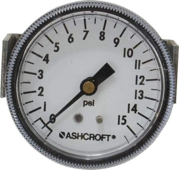Ashcroft - 2-1/2" Dial, 1/4 Thread, 0-15 Scale Range, Pressure Gauge - Center Back Connection Mount - Industrial Tool & Supply