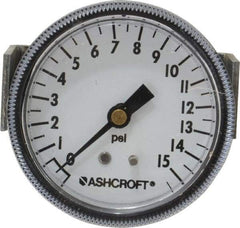 Ashcroft - 2-1/2" Dial, 1/4 Thread, 0-15 Scale Range, Pressure Gauge - Center Back Connection Mount - Industrial Tool & Supply