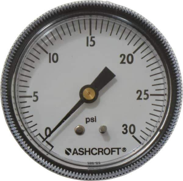 Ashcroft - 2-1/2" Dial, 1/4 Thread, 0-30 Scale Range, Pressure Gauge - Center Back Connection Mount - Industrial Tool & Supply
