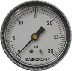 Ashcroft - 2-1/2" Dial, 1/4 Thread, 0-30 Scale Range, Pressure Gauge - Center Back Connection Mount - Industrial Tool & Supply