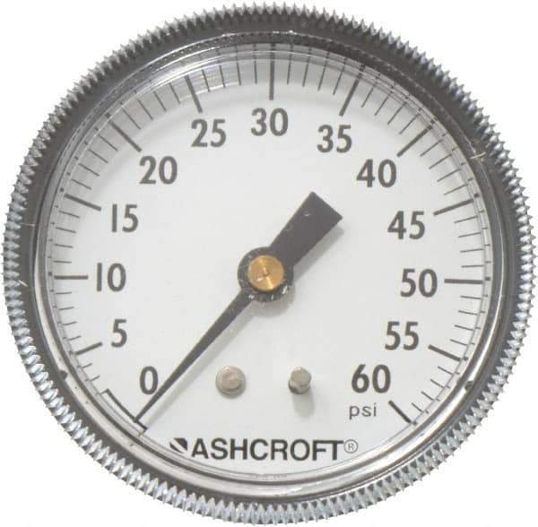 Ashcroft - 2-1/2" Dial, 1/4 Thread, 0-60 Scale Range, Pressure Gauge - Center Back Connection Mount - Industrial Tool & Supply