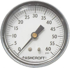 Ashcroft - 2-1/2" Dial, 1/4 Thread, 0-60 Scale Range, Pressure Gauge - Center Back Connection Mount - Industrial Tool & Supply