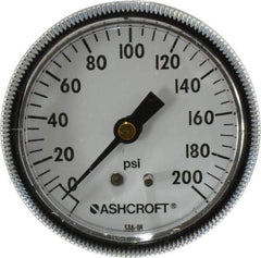 Ashcroft - 2-1/2" Dial, 1/4 Thread, 0-200 Scale Range, Pressure Gauge - Center Back Connection Mount - Industrial Tool & Supply