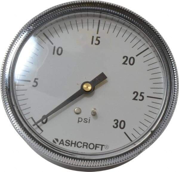 Ashcroft - 3-1/2" Dial, 1/4 Thread, 0-30 Scale Range, Pressure Gauge - Center Back Connection Mount - Industrial Tool & Supply