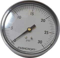 Ashcroft - 3-1/2" Dial, 1/4 Thread, 0-30 Scale Range, Pressure Gauge - Center Back Connection Mount - Industrial Tool & Supply