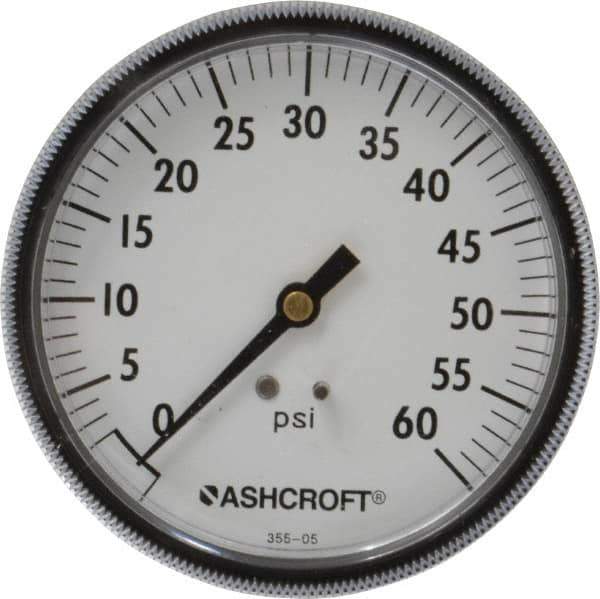 Ashcroft - 3-1/2" Dial, 1/4 Thread, 0-60 Scale Range, Pressure Gauge - Center Back Connection Mount - Industrial Tool & Supply