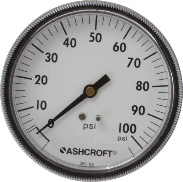 Ashcroft - 3-1/2" Dial, 1/4 Thread, 0-100 Scale Range, Pressure Gauge - Center Back Connection Mount - Industrial Tool & Supply