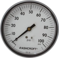 Ashcroft - 3-1/2" Dial, 1/4 Thread, 0-100 Scale Range, Pressure Gauge - Center Back Connection Mount - Industrial Tool & Supply