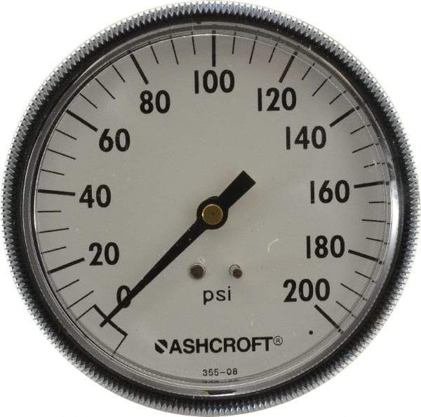 Ashcroft - 3-1/2" Dial, 1/4 Thread, 0-200 Scale Range, Pressure Gauge - Center Back Connection Mount - Industrial Tool & Supply