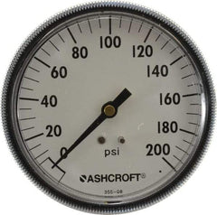 Ashcroft - 3-1/2" Dial, 1/4 Thread, 0-200 Scale Range, Pressure Gauge - Center Back Connection Mount - Industrial Tool & Supply