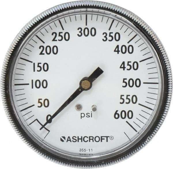 Ashcroft - 3-1/2" Dial, 1/4 Thread, 0-600 Scale Range, Pressure Gauge - Center Back Connection Mount - Industrial Tool & Supply
