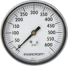 Ashcroft - 3-1/2" Dial, 1/4 Thread, 0-600 Scale Range, Pressure Gauge - Center Back Connection Mount - Industrial Tool & Supply