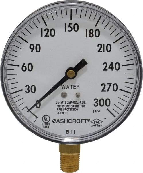 Ashcroft - 3-1/2" Dial, 1/4 Thread, 0-300 Scale Range, Pressure Gauge - Lower Connection Mount - Industrial Tool & Supply