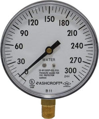 Ashcroft - 3-1/2" Dial, 1/4 Thread, 0-300 Scale Range, Pressure Gauge - Lower Connection Mount - Industrial Tool & Supply
