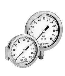 Ashcroft - 3-1/2" Dial, 1/4 Thread, 0-15 Scale Range, Pressure Gauge - Center Back Connection Mount, Accurate to 1% of Scale - Industrial Tool & Supply