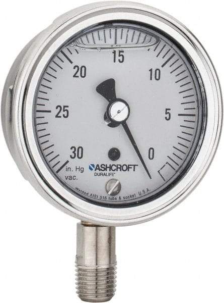 Ashcroft - 2-1/2" Dial, 1/4 Thread, 30-0 Scale Range, Pressure Gauge - Lower Connection Mount, Accurate to 1% of Scale - Industrial Tool & Supply