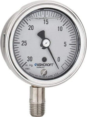 Ashcroft - 2-1/2" Dial, 1/4 Thread, 30-0 Scale Range, Pressure Gauge - Lower Connection Mount, Accurate to 1% of Scale - Industrial Tool & Supply