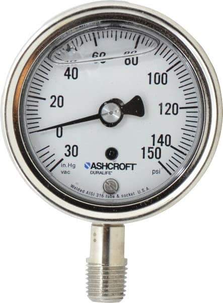Ashcroft - 2-1/2" Dial, 1/4 Thread, 30-0-150 Scale Range, Pressure Gauge - Lower Connection Mount, Accurate to 1% of Scale - Industrial Tool & Supply