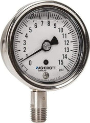 Ashcroft - 2-1/2" Dial, 1/4 Thread, 0-15 Scale Range, Pressure Gauge - Lower Connection Mount, Accurate to 1% of Scale - Industrial Tool & Supply